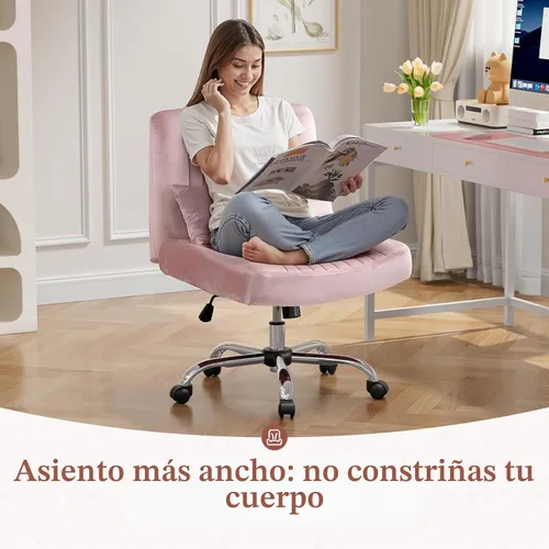Vista 3 de Silla cruzada de terciopelo con ruedas, silla de oficina de lujo con patas cruzadas, cómoda silla de escritorio para oficina en casa, silla de Rosa