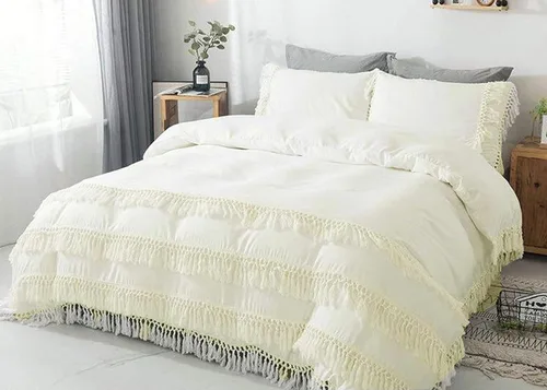 Vista 37 de Edredón hippie puro con borlas para dormitorio, manta bohemia con flecos indios, funda de edredón de algodón para mujer con fundas de almohada