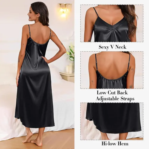 Vista 3 de Camisón largo de satén para mujer, vestido de seda sexy, cuello en V, ropa de dormir, holgado, sin mangas