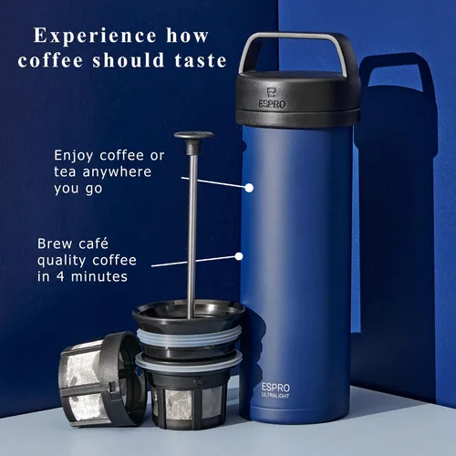 Vista 8 de ESPRO P0 Cafetera de prensa francesa ultraligera para viajes, acero inoxidable aislado al vacío, 16 onzas, azul Egeo