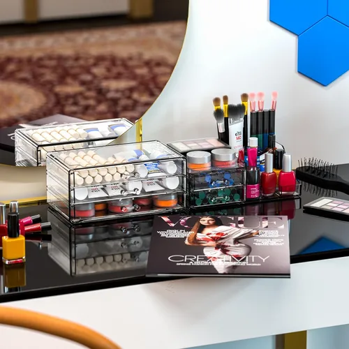 Vista 7 de Organizadores de maquillaje acrílicos transparentes y almacenamiento para tocador, organizador de cuidado de la piel para baño con 5 cajones