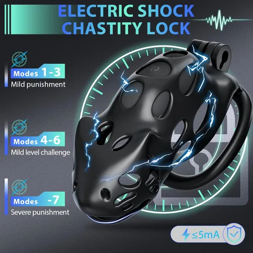 Vista 2 de Jaula de Castidad Masculina con Descarga Eléctrica de Juguete Sexual, Dispositivos de Castidad Jaula para Pene con 7 Vibraciones 7 Intensidades