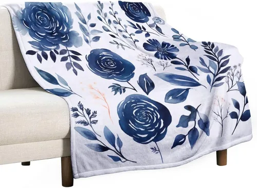 Vista 15 de Manta de flores de acuarela azul marino, bohemias, manta de acuarela floral con coronas de rosas y hojas de peonías, lujosa, cálida y acogedora