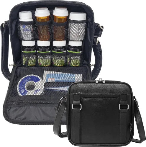 Vista 12 de Organizador de botellas de píldoras de viaje mediano, bolsa de medicina delgada, portador para medicamentos y suministros médicos - negro