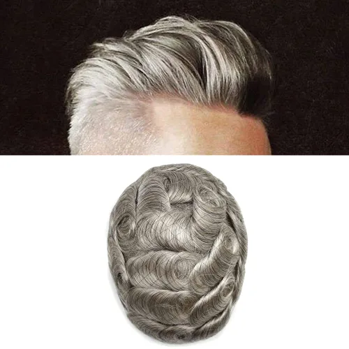 Vista 9 de Sistema de cabello para hombre, encaje francés suave, pieza de cabello humano real, nudos blanqueados, cabello frontal, tupé para hombres