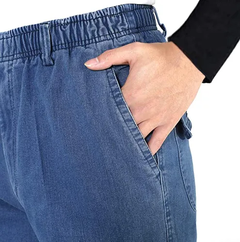 Vista 4 de Locachy Pantalones de mezclilla de cintura elástica para hombre, estilo casual, sueltos, rectos