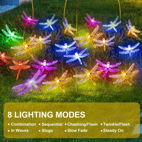 Vista 3 de 20 luces LED solares de libélula, 8 modos de luces de Navidad impermeables al aire libre, 10 pies alimentadas por energía solar, luces de libélulas