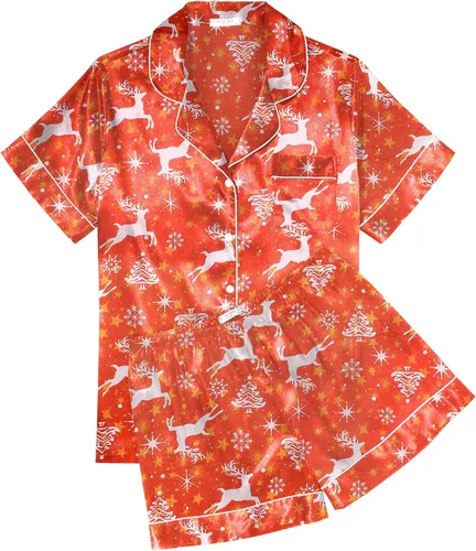 Vista 25 de Ekouaer Conjunto de pijama de satén de seda para mujer, suave, de manga corta, con botones, ropa para dormir, camiseta y pantalones cortos, juego