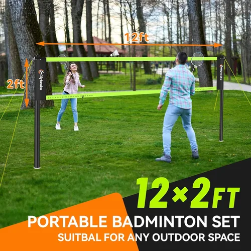 Vista 7 de 12ft Badminton Net Set for Backyard Beach with Durable Anti-Sagging Net, Heavy Duty Poles, 2 Aluminum Badminton Rackets, 3 Shuttlecocks, Carry Bag