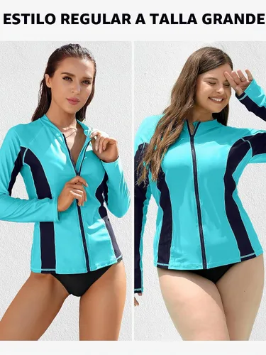 Vista 5 de ATTRACO Traje de baño de protección solar con cremallera frontal UPF 50+ para mujer Aguamarina