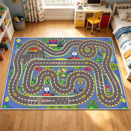 Vista 5 de Alfombra para Niños, Alfombras de Tapete de Juego de Pista de Carreras 47×31 pulgadas, Alfombra para Niños con Respaldo de Goma, Línea de Salida