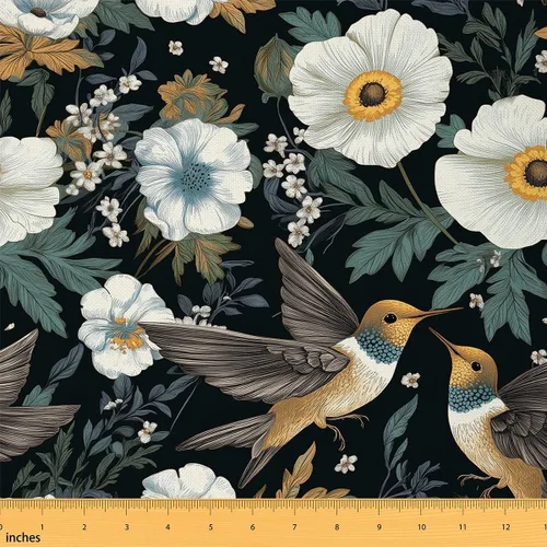 Vista 117 de Tela de Flores Primaverales por Yarda para Sofás, Tela Decorativa de Florales de Pueblo Pájaros Mariposas, Tela de Patrón de Jardín Acuarela