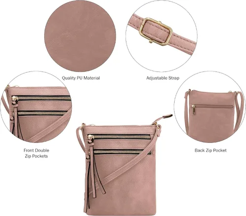 Vista 5 de DELUXITY Bolso cruzado con cremallera y múltiples bolsillos, Mauve