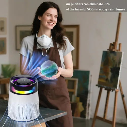 Vista 2 de Purificador de aire de resina epoxi, con purificador de elementos filtrantes con modo de luz nocturna, moldeo de resina y sistema de filtración