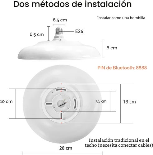 Vista 4 de Lámpara de techo LED inteligente impermeable de montaje empotrado, con altavoz Bluetooth, 28 cm, 18 vatios, lámpara de música regulable, luz RGB