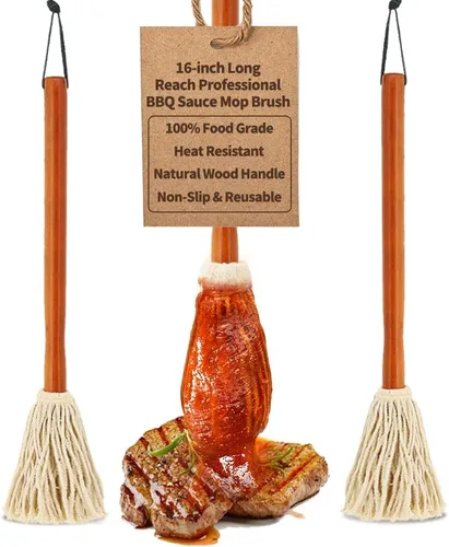 Vista 10 de Salsa de barbacoa de 12 pulgadas para asar o asar a la parrilla, aplicar barbacoa, adobo o glaseado, cabezal de fibra de algodón y mango de madera