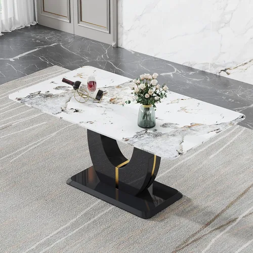 Vista 23 de JUFU Mesa de comedor de mármol sintético de 63 pulgadas para 4-6 personas, moderna mesa rectangular de cocina y comedor, mesa de MDF de aspecto