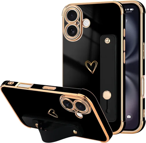 Vista 29 de LLZ.COQUE Funda compatible con iPhone 12 para mujeres y niñas, parachoques chapado de lujo con bonito diseño de corazón de amor, soporte de correa