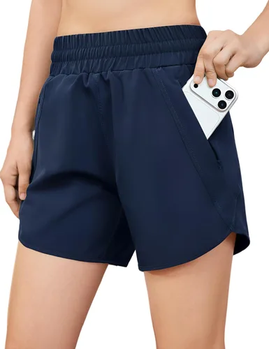 Vista 8 de Pantalones cortos deportivos para correr de 5 pulgadas para mujer, cintura alta, de secado rápido, ligeros, con bolsillo con cremallera, UPF 50+