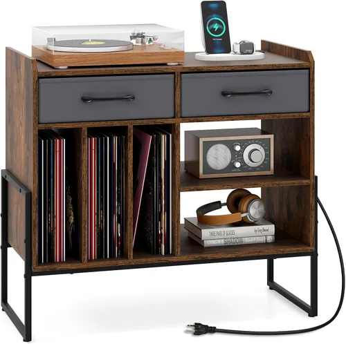 Vista 10 de Giantex Soporte grande para tocadiscos con estación de carga, moderno soporte giratorio con 2 cajones de tela y estante ajustable, mesa