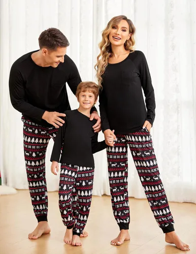 Vista 4 de Ekouaer Pijamas a juego para la familia, ropa de dormir de Navidad de manga larga con pantalones a cuadros, conjunto de pijamas suaves S-XXL