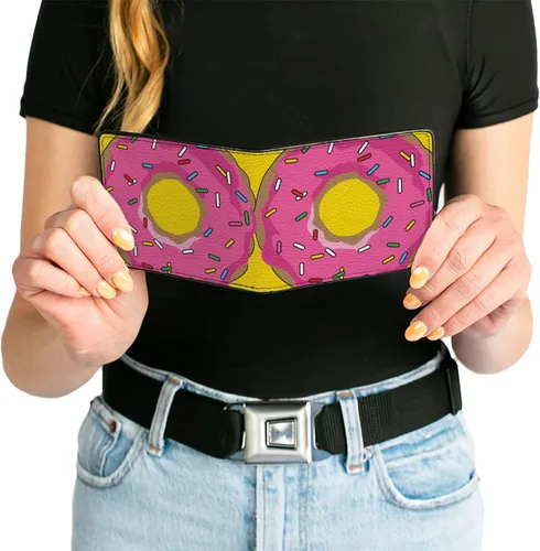 Vista 6 de Buckle-Down Billetera para hombre, plegable, color rosa glaseado rosado rosado, color amarillo, cuero vegano, 4.0 x 3.5 pulgadas, Donas, Buckle-down