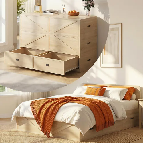 Vista 10 de ijuicy Cama Matrimonial Murphy 4 en 1 con colchón incluido y cajones extragrandes, cama multifuncional que se convierte en sofá para espacios