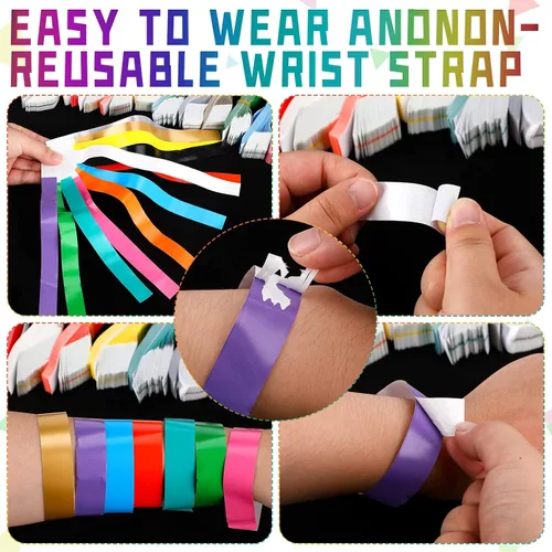 Vista 3 de Epakh 600 muñequeras de papel neón, colores surtidos Pulseras impermeables para fiestas de eventos, banda adhesiva para control de entrada