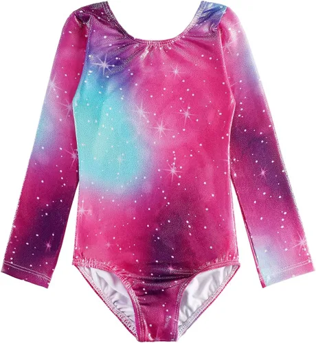 Vista 103 de HOZIY - Leotardos de manga larga para niñas, de gimnasia, para niños pequeños, trajes florales de unicornio, galaxia, arco iris, patrón de rayas