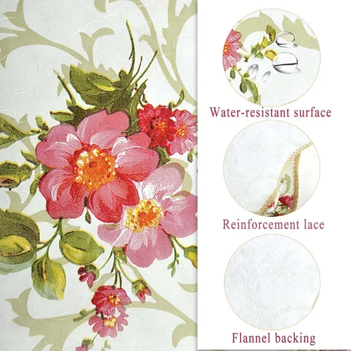 Vista 2 de Mantel floral de manzanilla rosa resistente al agua, rectangular, con parte trasera de franela, mantel de plástico de vinilo con flores rojas