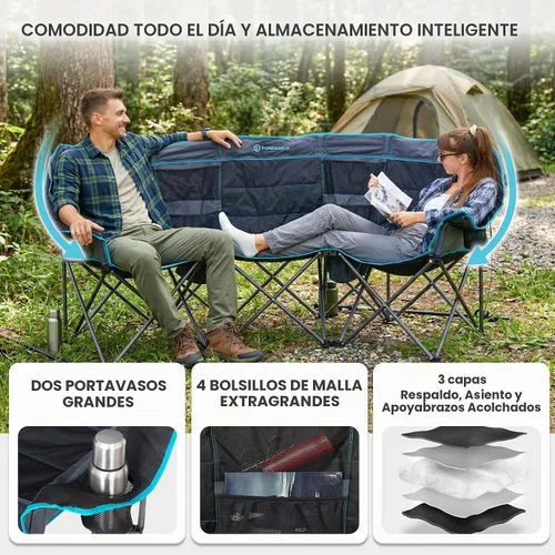 Vista 6 de FUNDANGO Silla de Camping Extra Ancha para 3 Personas para Adultos con Hielera, Sofá de Campamento de Servicio Pesado de 1000 LBS de Tamaño Grande