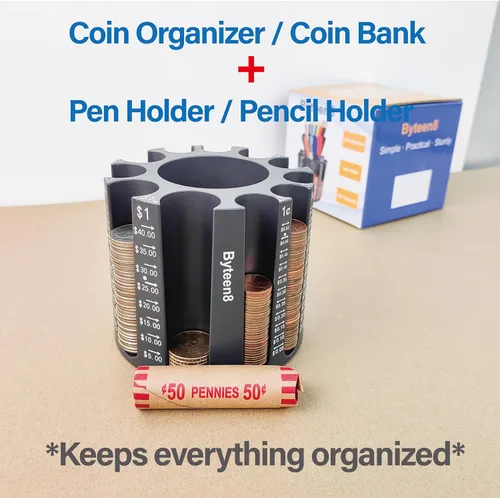 Vista 8 de Byteen8 Contador de Monedas Clasificador de Cambio｜Soporte para Bolígrafos y Lápices como Organizador de Escritorio｜Alcancía para Adultos