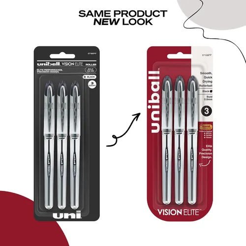 Vista 4 de Bolígrafos Uni-Ball Vision Elite de punta gruesa; tinta negra; paquete de 3; plumas de escritura suaves de punta fina; suministros de oficina