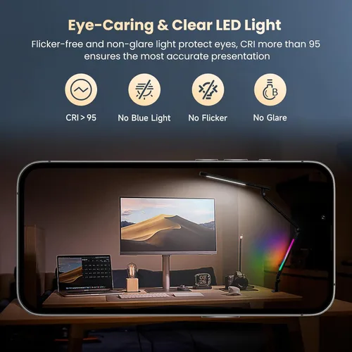Vista 7 de Lámpara de escritorio LED con abrazadera, luz de escritorio de arquitecto de doble luz de 18 W, interruptor de sensor de luz RGB con brazo oscilante