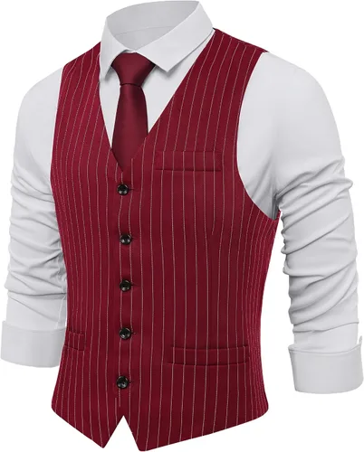 Vista 8 de BABEYOND Chaleco de traje para hombre, chaleco ajustado, chaleco de vestir de negocios para traje de esmoquin Rayas negras