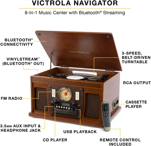 Vista 2 de Victrola Navigator 8 en 1 Reproductor clásico de discos Bluetooth con codificación USB y tocadiscos de 3 velocidades Individual Negro