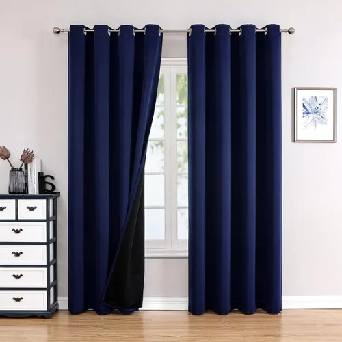 Vista 23 de ChrisDowa Cortinas 100% opacas de 63 pulgadas de largo para dormitorio con forro negro, 2 capas gruesas totalmente opacas con aislamiento térmico
