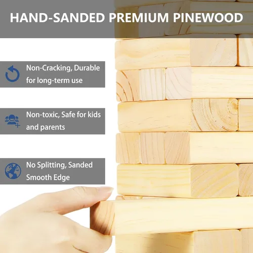Vista 3 de Megwoz Juegos de torre de caída mediana para niños y adultos, 66 bloques de madera de pino de Nueva Zelanda apilados a 3.5 pies, juegos familiares