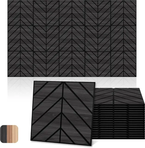 Vista 15 de Paneles acústicos, decoración de grano de madera de PVC, azulejos de pared con patrón tallado de 12 x 12 pulgadas, autoadhesivos para reducción