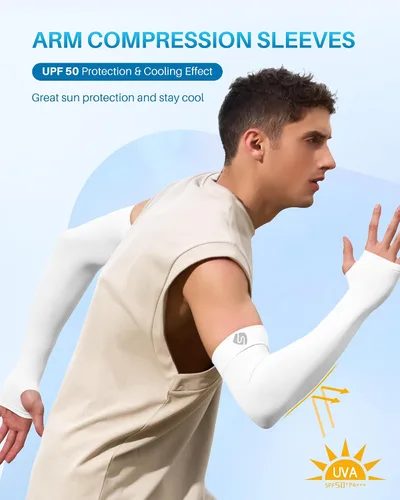 Vista 2 de Mangas para brazo, para hombres o mujeres. Para calentar o refrescar. Guantes de Compresión con factor de protección de los rayos ultravioleta UPF