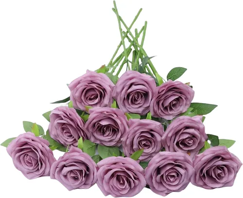 Vista 17 de Flores artificiales de rosa, rosas artificiales, rosas de seda, rosas falsas de aspecto real con tallos para manualidades, ramos de boda, centros