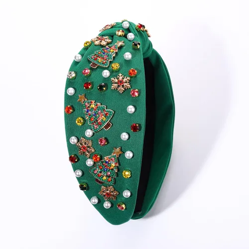Vista 2 de boderier Diademas de Navidad para Mujeres Diadema de Árbol de Navidad con Cuentas Diadema Ancha Anudada de Cristal Accesorios para el Cabello