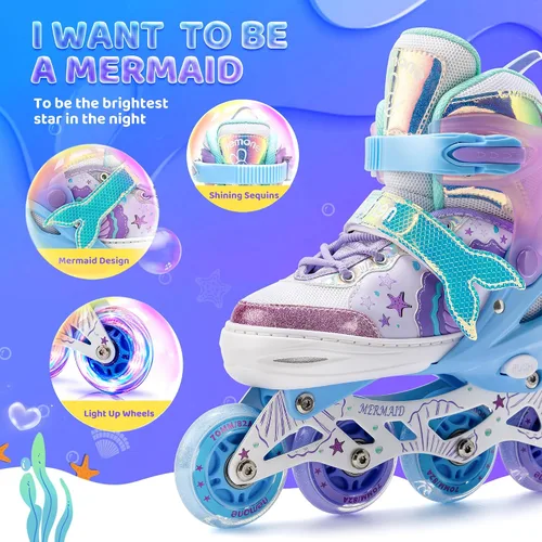 Vista 3 de NEMONE Patines en línea estilo sirena, patines ajustables en 4 tallas para niñas y niños con ruedas iluminadas, para principiantes, uso