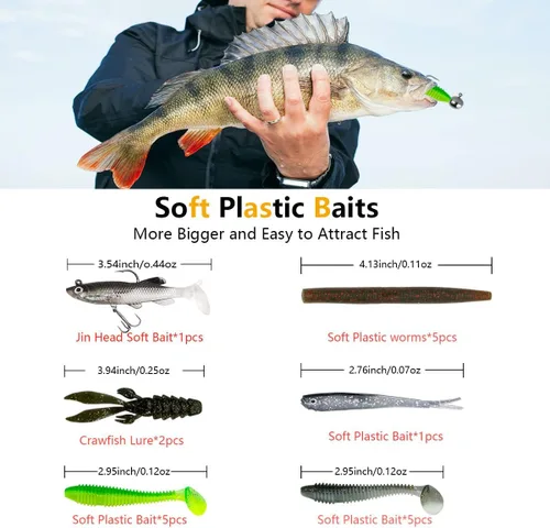 Vista 4 de Kit de señuelos de pesca, incluyendo cebos, anzuelos, palas, lombrices, plomos, ganchos, caja de aparejos y más equipo de pesca para truchas