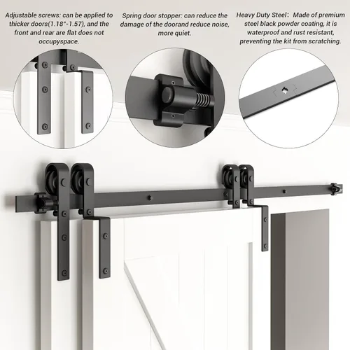 Vista 3 de Kit de herrajes para puerta corrediza de granero de 4 pies, herrajes de puerta corredera de modo de riel combinado, puertas de madera dobles