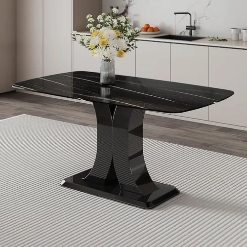 Vista 7 de Mesa de comedor de piedra sinterizada negra de 48.4 pulgadas, mesa de cocina rectangular minimalista con patas de metal negro, mesa de comedor