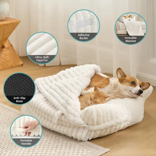 Vista 6 de COZY KISS Bonita cama para gatos con funda extraíble, sofá multifuncional de piel sintética de felpa para mascotas con manta, muebles ultra suaves