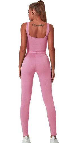 Vista 2 de Conjunto deportivo de 2 piezas para mujer, camiseta sin mangas de punto acanalado para yoga, leggings de cintura alta, conjuntos de ropa deportiva
