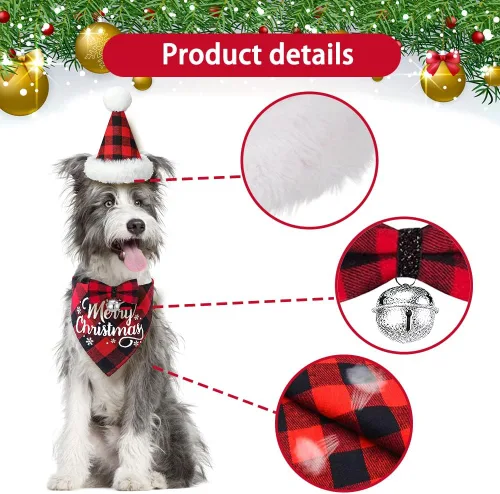 Vista 4 de DULEFUN - 3 disfraces de Navidad para perro, diseño clásico de búfalo a cuadros Dog's Christmas Outfit Clothes Bandana Hat Bowtie Scarf Kerchief