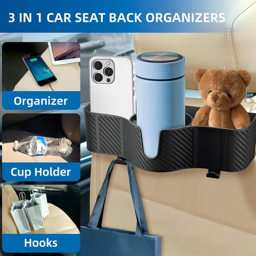 Vista 3 de OUSHASAA Organizador de reposacabezas de asiento trasero 3 en 1 con portavasos de asiento trasero de 3.7 pulgadas para automóvil, organizador